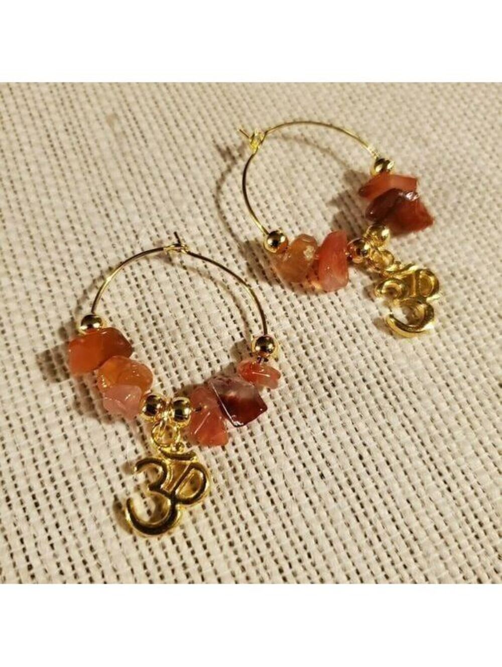 Gemstone Yoga Om Mantra Hoop Earrings 14K Gold Plated Red Agate